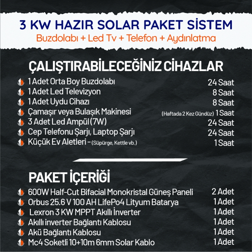 3 KW Lityum Hazır Solar Paket Sistem